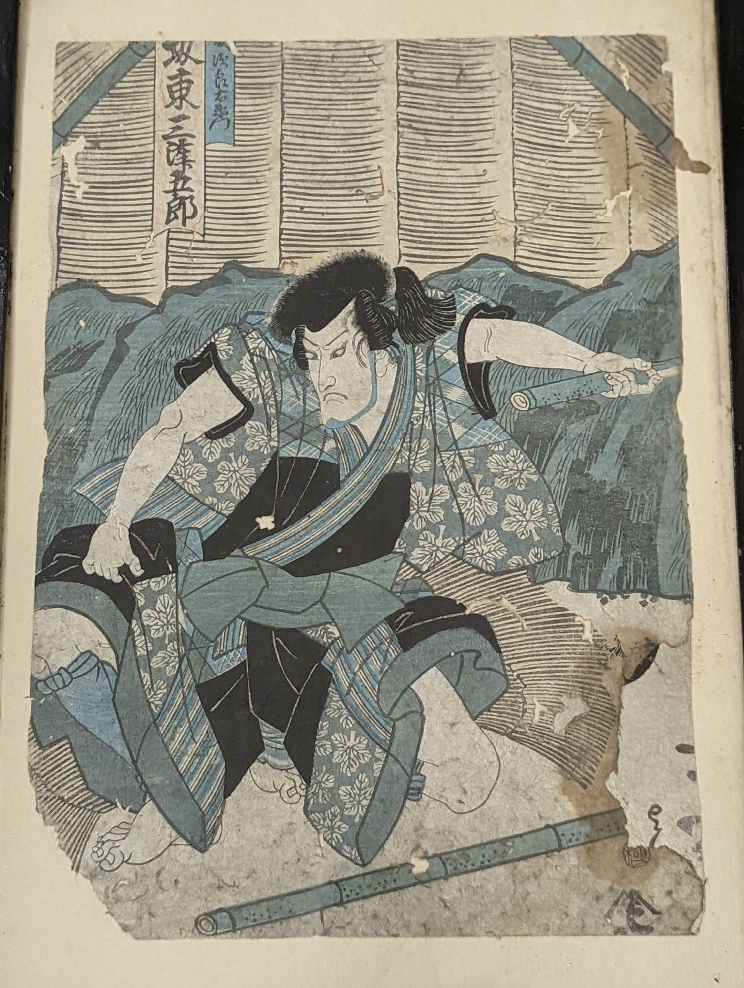 Kunyoshi (1847-48), woodblock print, Standing figure, 35 x 24cm, with five other assorted woodblock prints of Kabuki actors